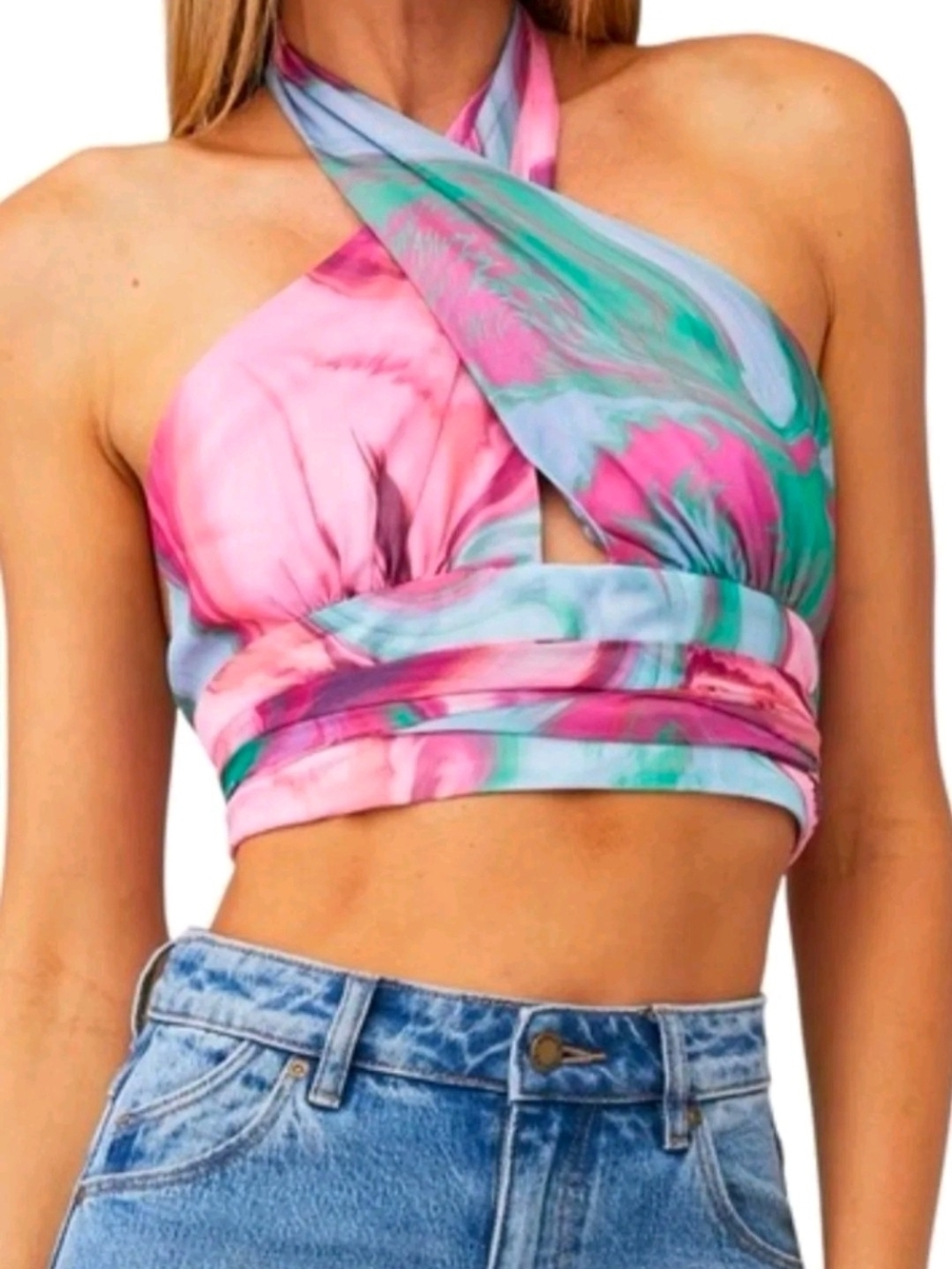 Amanda Uprichard Laverna Criss Cross Wrap Halter Top in Mystic